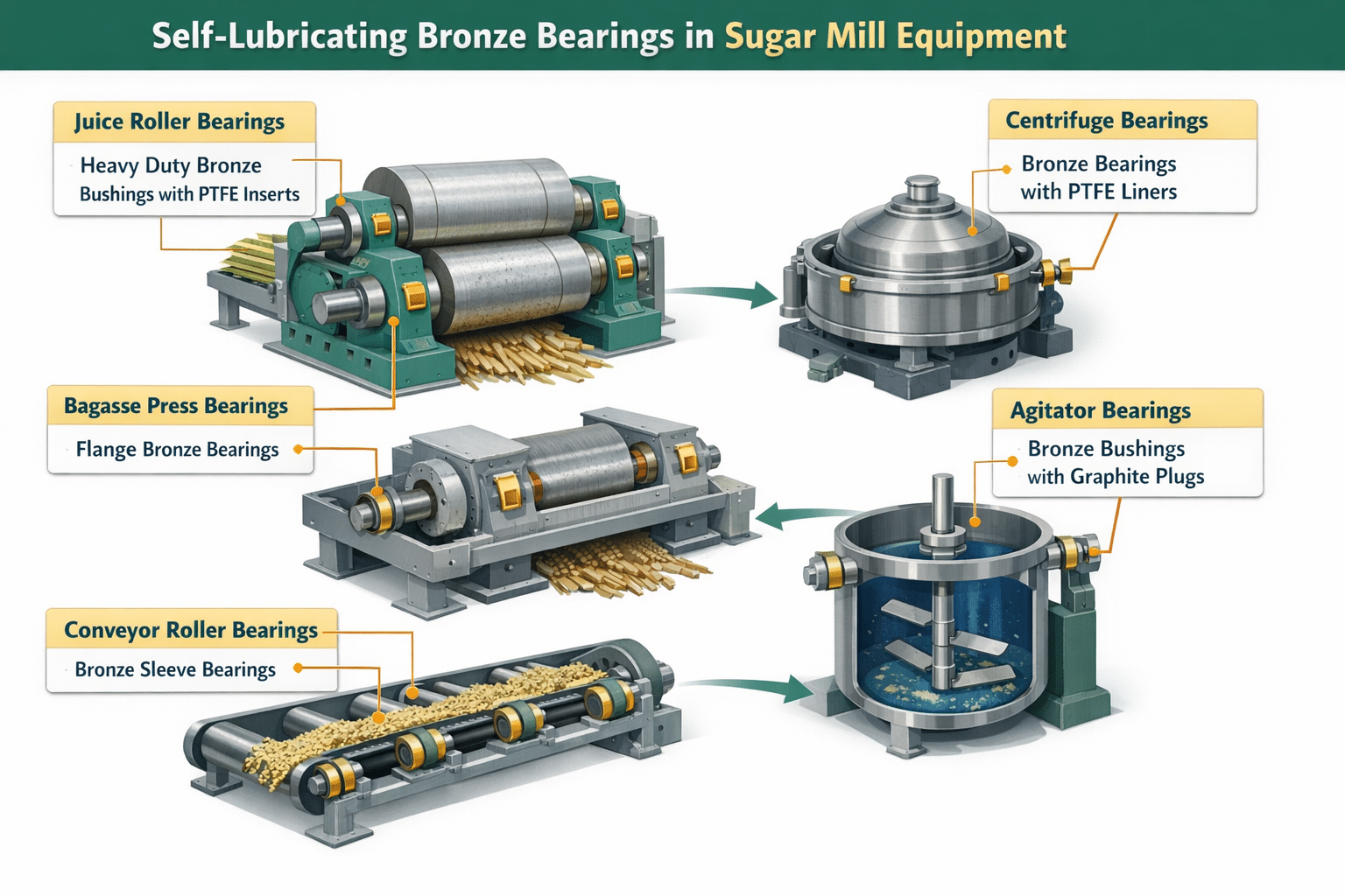 VIIPLUS Bronze Bearings & Self-Lubricating Bushings for Sugar Mills 19 Self-Lubricating Bronze Bearings for Sugar Mill Components